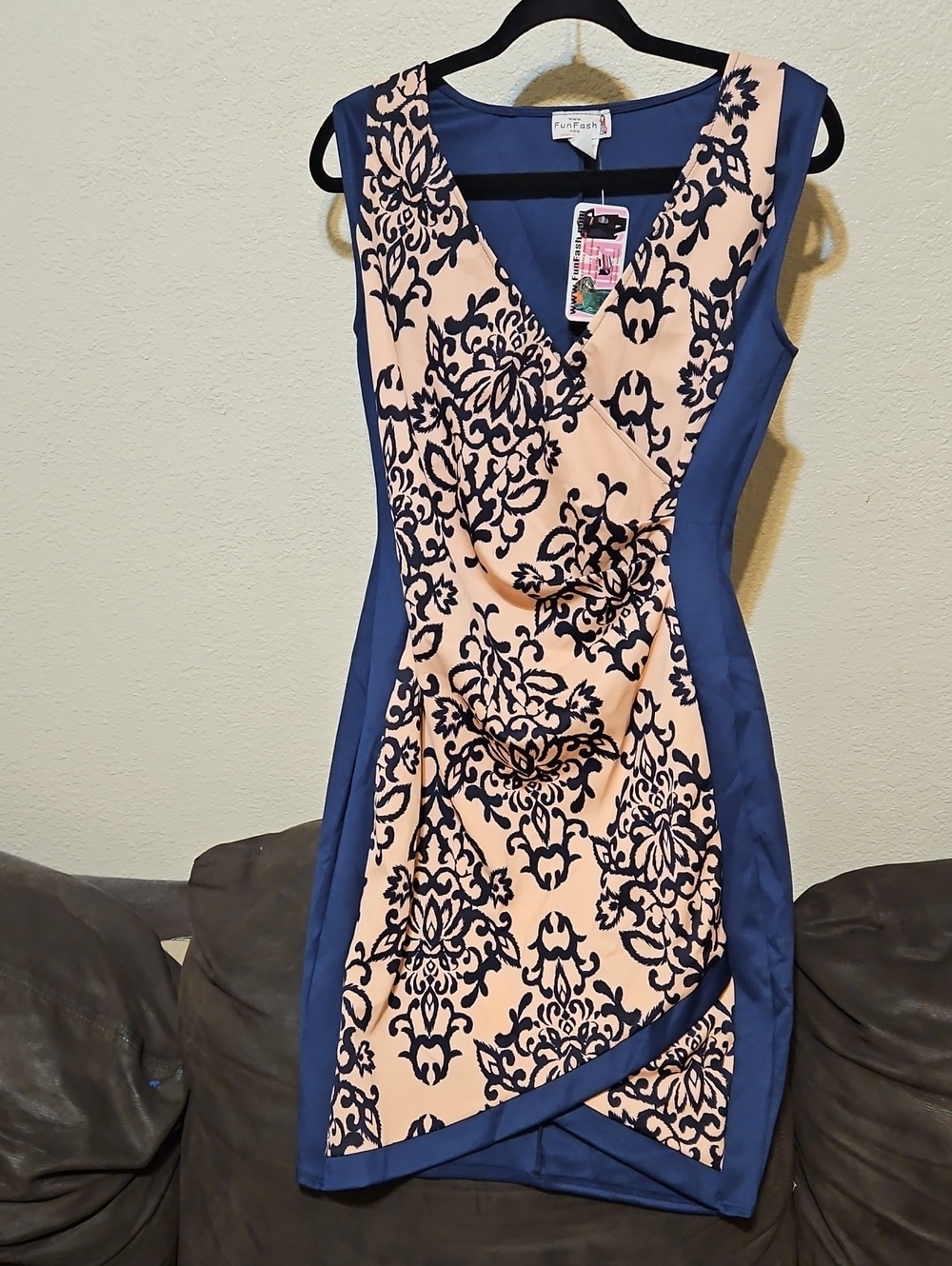 FunFash Pink and Navy Damask Faux-Wrap Midi Dress